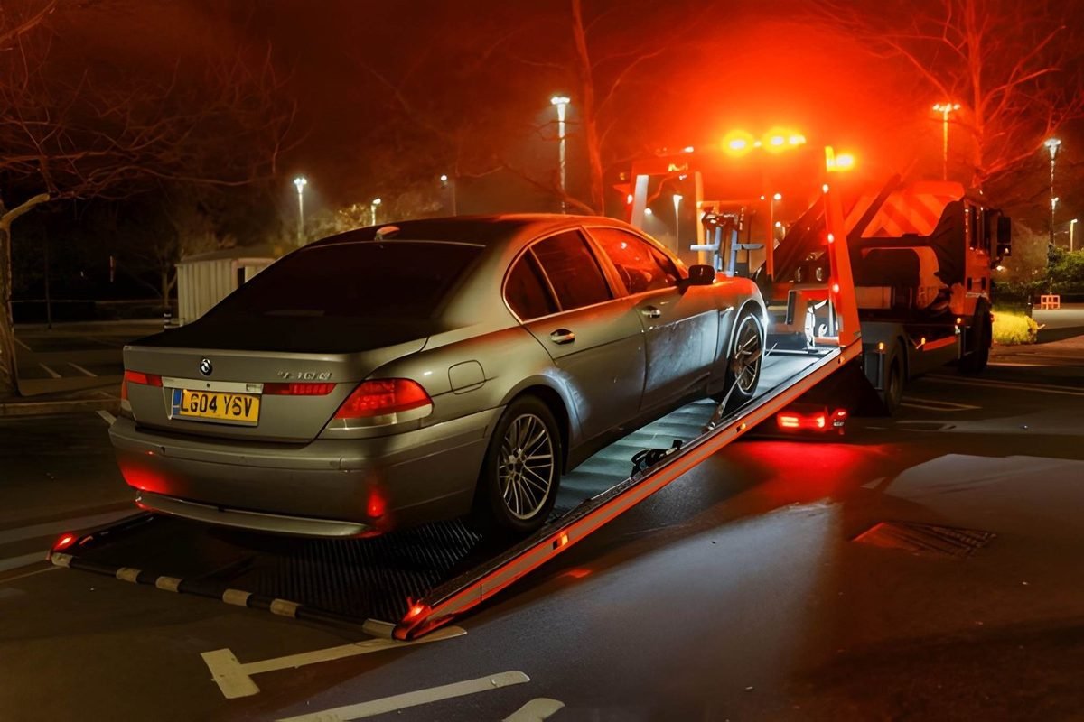 Recovery truck loading a saloon car at night with amber beacons lit
